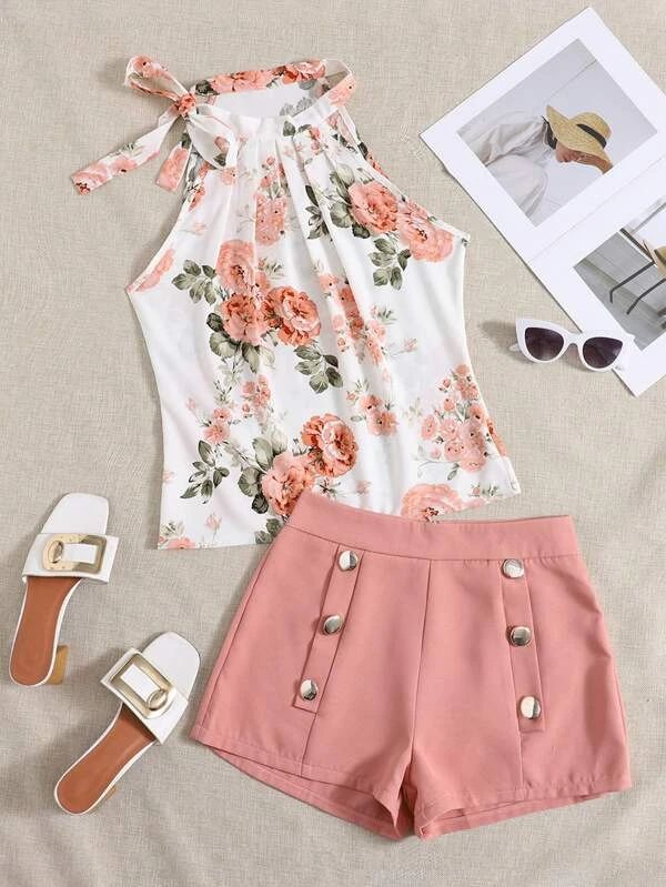 Floral Tie Neck Top & Button Shorts - leoleo123123
