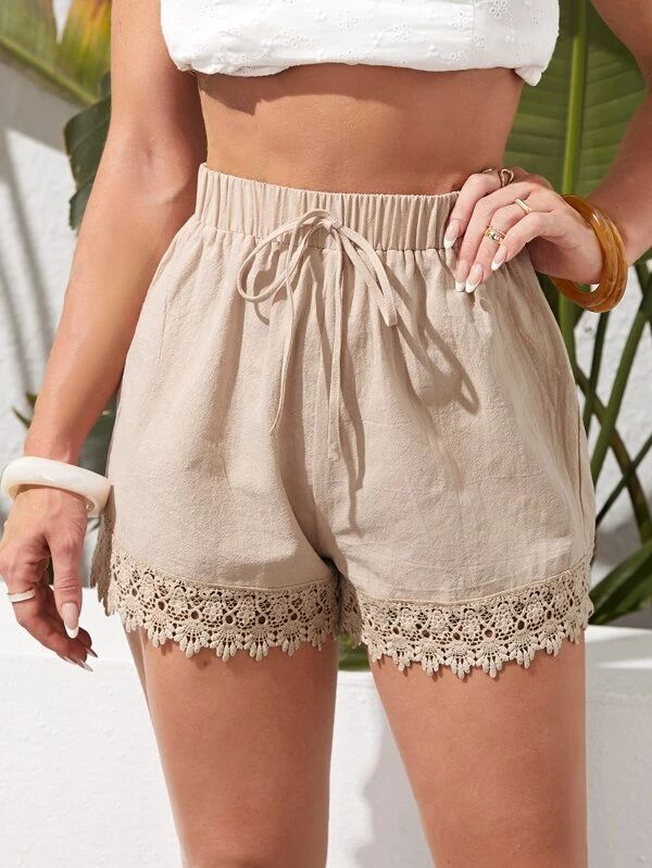 Knot Waist Lace Hem Solid Shorts - leoleo123123