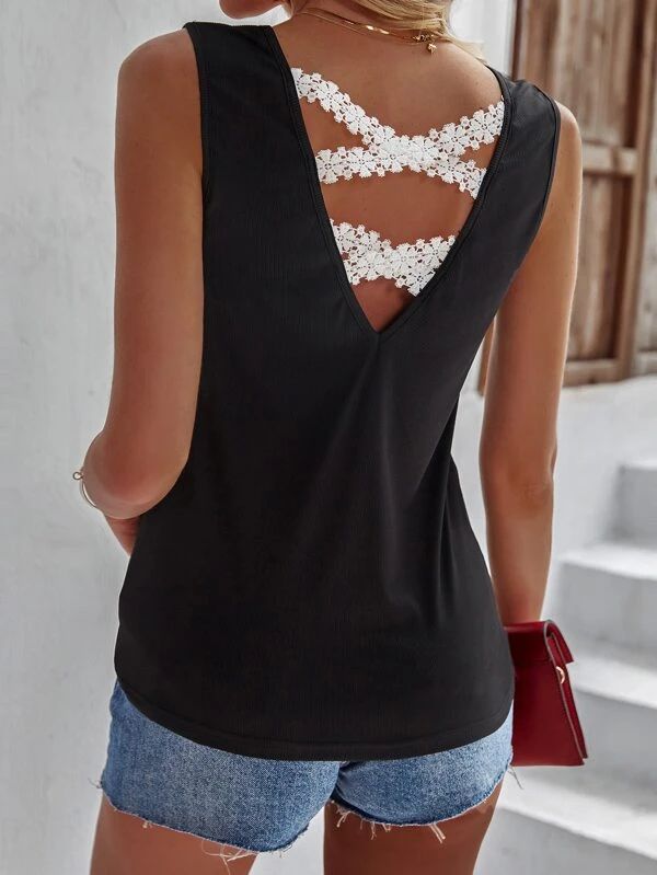Guipure Lace Panel Crisscross Back Tank Top - leoleo123123