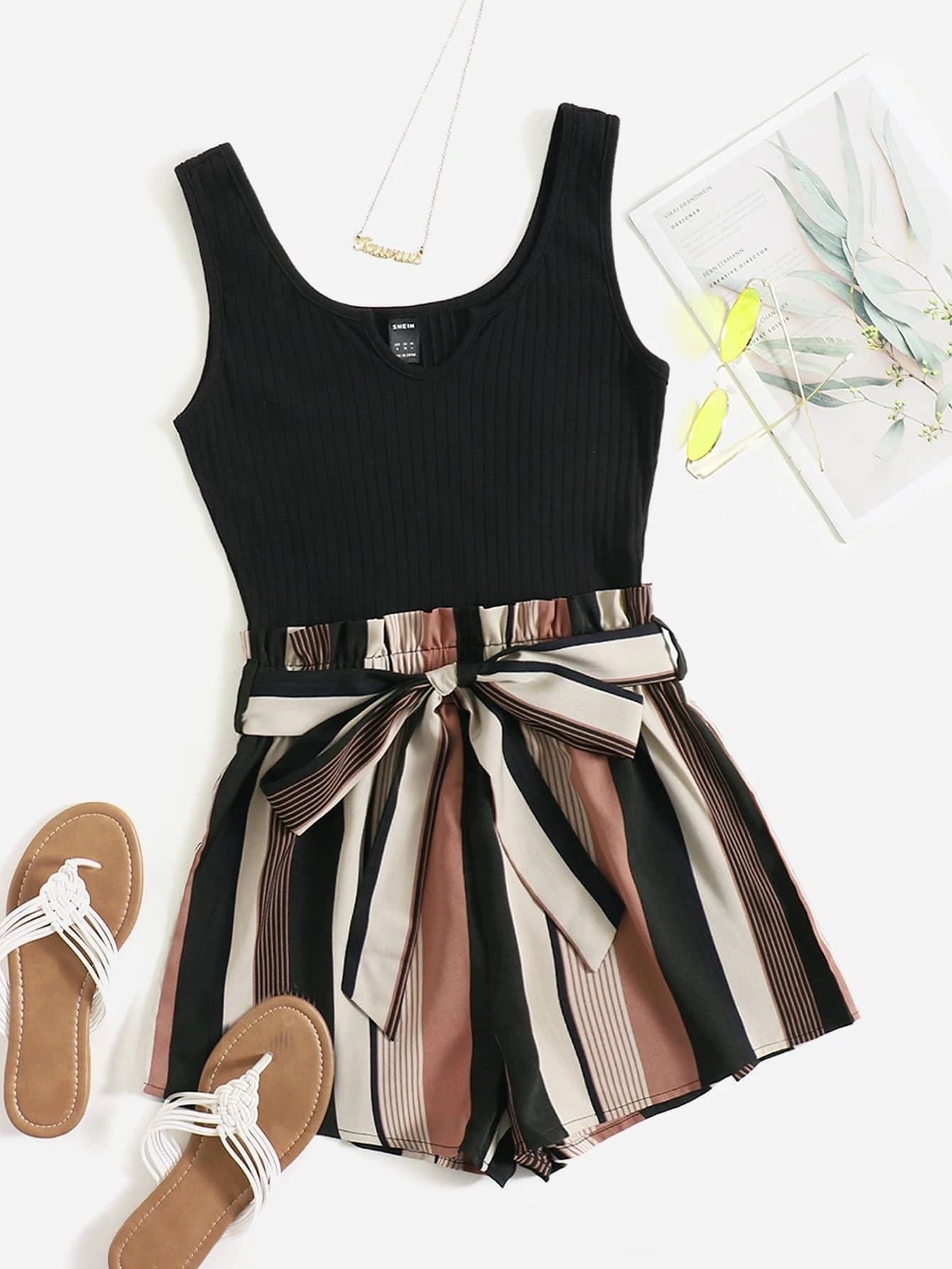 Notched Neck Block Stripe Belted Tank Romper - leoleo123123