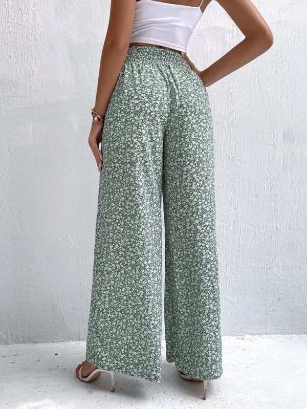 Ditsy Floral High Waist Plicated Detail Wide Leg Pants - leoleo123123