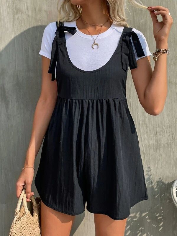 1pc Bow Shoulder Solid Romper - leoleo123123