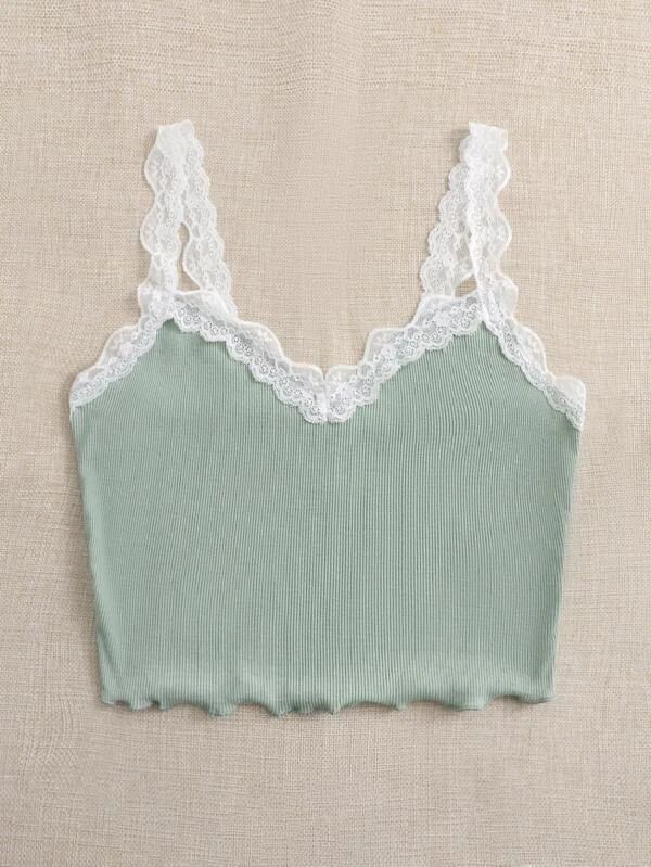 Contrast Lace Lettuce Trim Rib-knit Crop Cami Top - leoleo123123