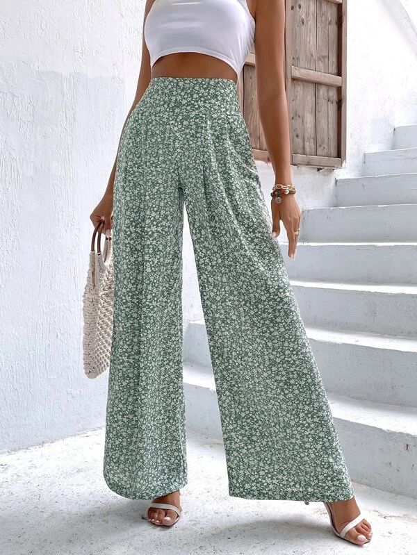 Ditsy Floral High Waist Plicated Detail Wide Leg Pants - leoleo123123