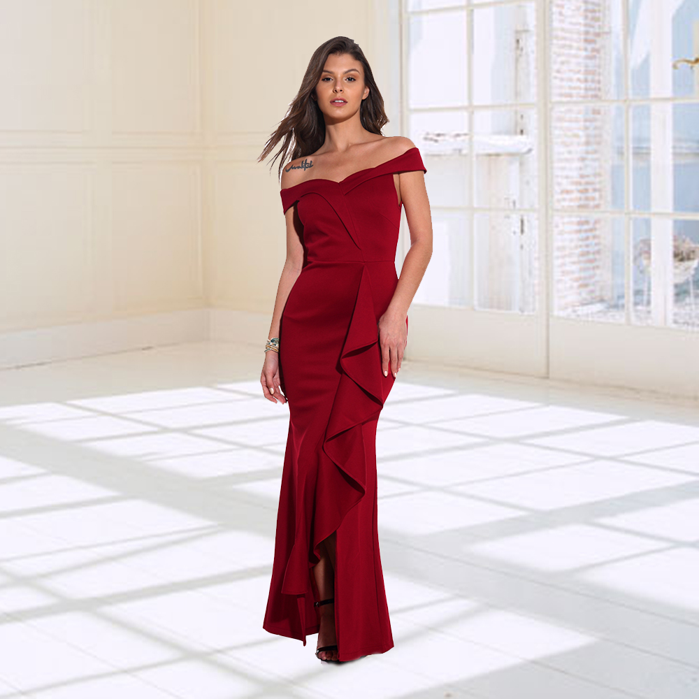 Sexy new one-line V-neck ruffle dress banquet evening dresses long dress - leoleo123123