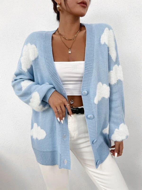 Drop Shoulder Cloud Pattern Cardigan - leoleo123123
