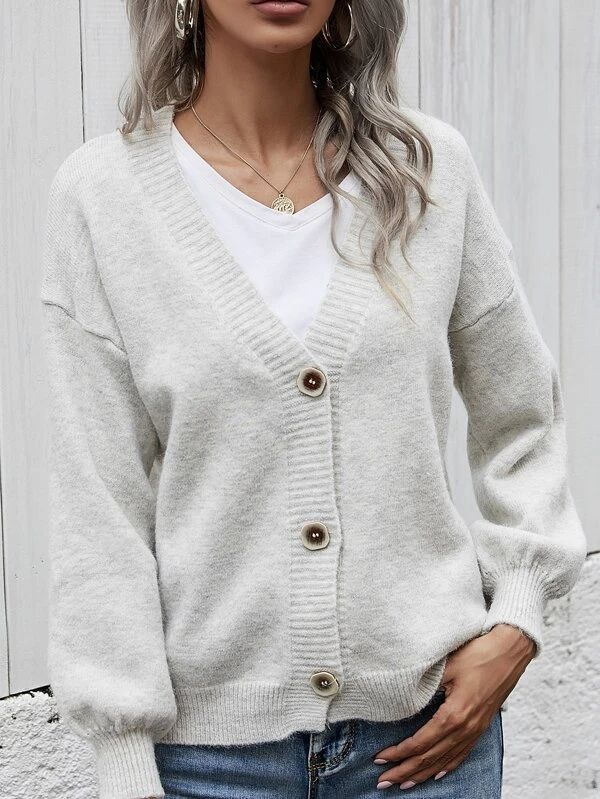 Drop Shoulder Lantern Sleeve Cardigan - leoleo123123