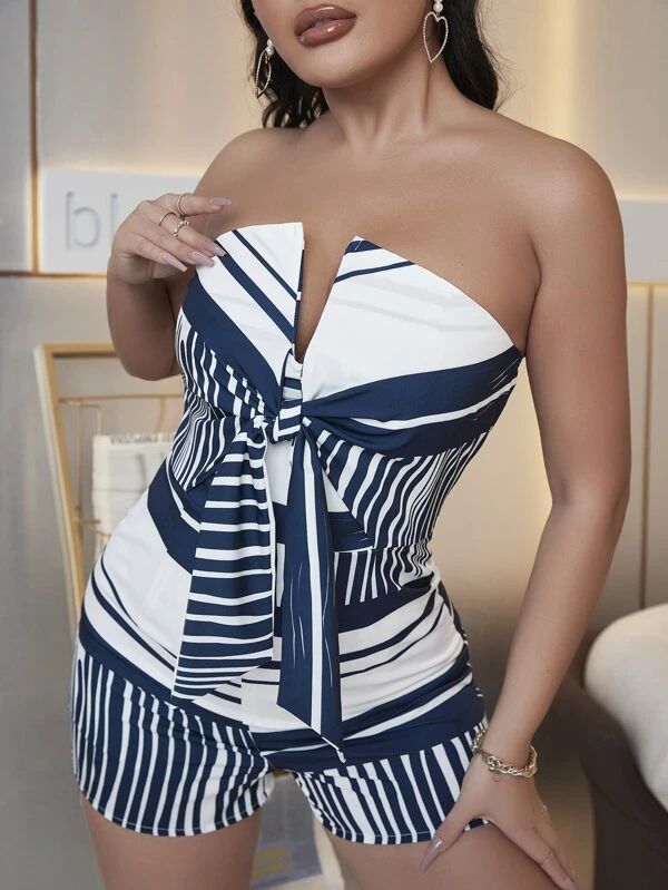 SXY Striped V Wired Knot Front Unitard Tube Romper - leoleo123123