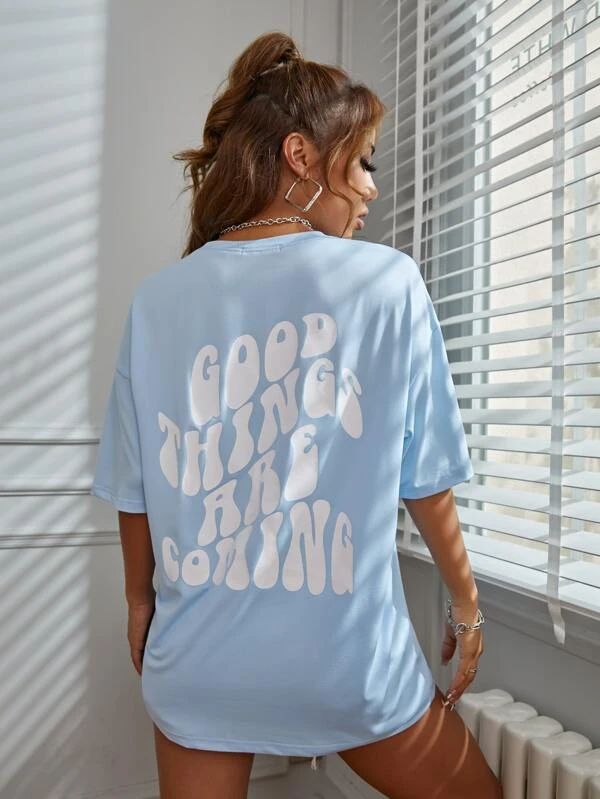 Slogan Graphic Drop Shoulder Tee - leoleo123123