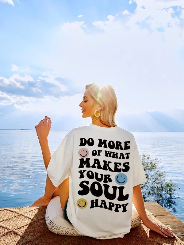 Slogan & Cartoon Face Print Drop Shoulder Tee - leoleo123123