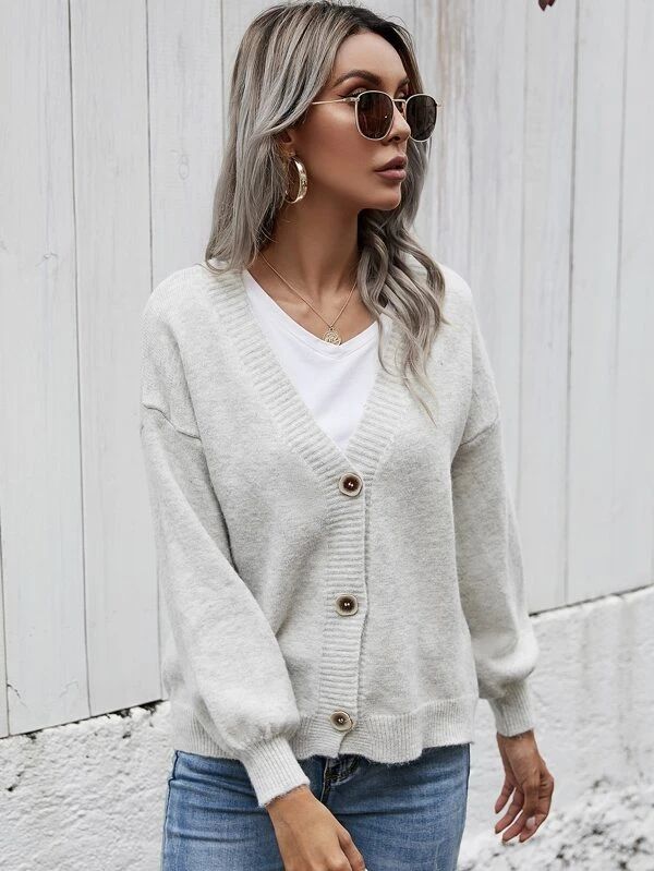 Drop Shoulder Lantern Sleeve Cardigan - leoleo123123