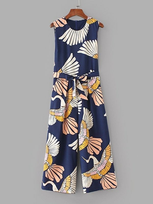 Cranes Print Belted Wide Leg Jumpsuit - leoleo123123