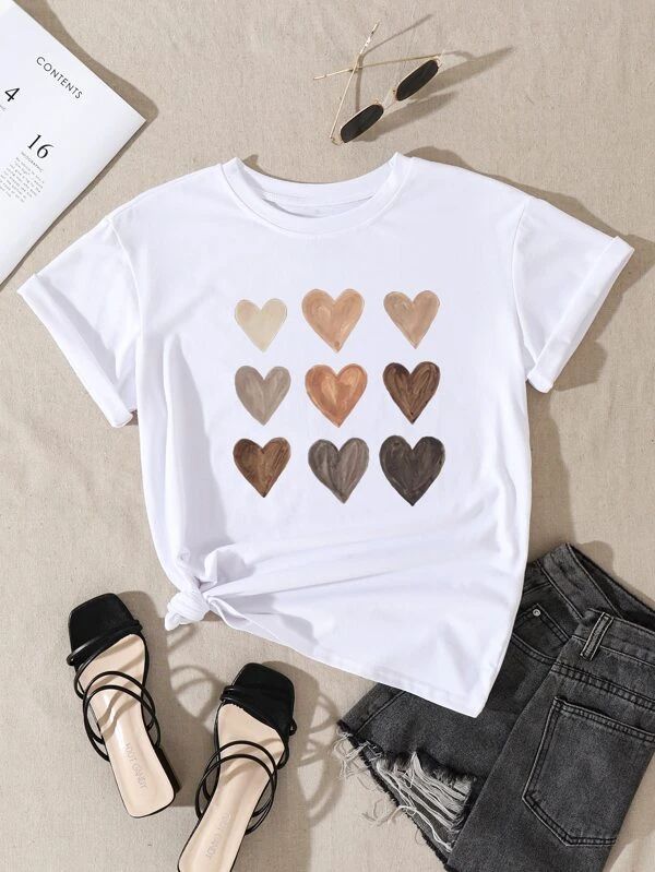 Heart Print Crew Neck Tee - leoleo123123