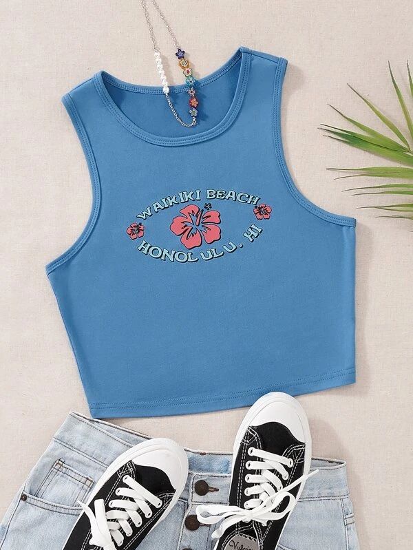 Floral & Letter Graphic Crop Tank Top - leoleo123123
