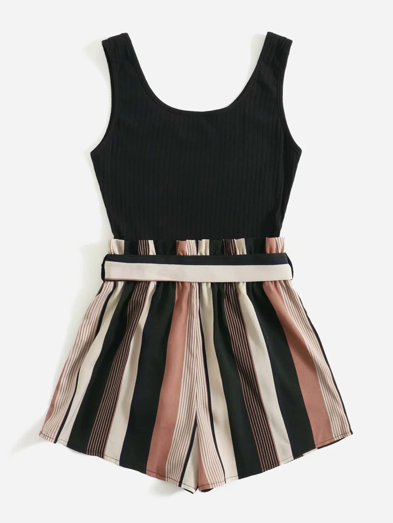 Notched Neck Block Stripe Belted Tank Romper - leoleo123123