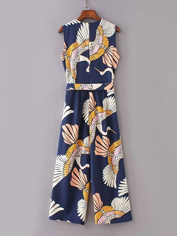Cranes Print Belted Wide Leg Jumpsuit - leoleo123123