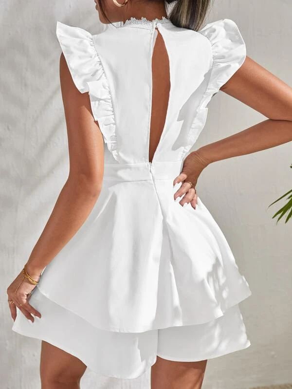 Guipure Lace Panel Ruffle Trim Two Layer Hem Romper - leoleo123123