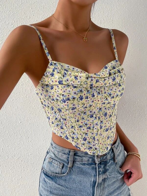 Ditsy Floral Draped Collar Curved Hem Cami Top - leoleo123123