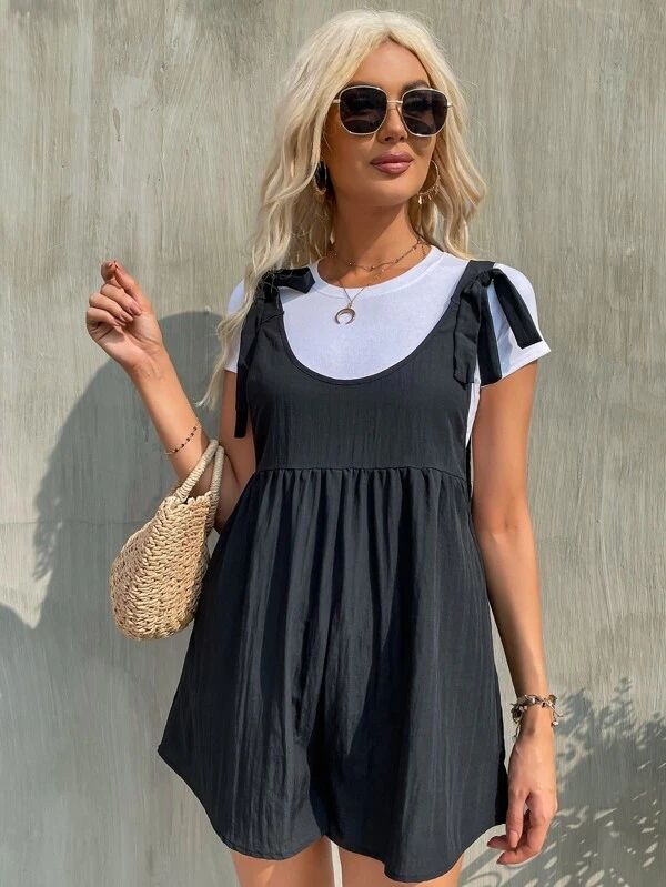 1pc Bow Shoulder Solid Romper - leoleo123123