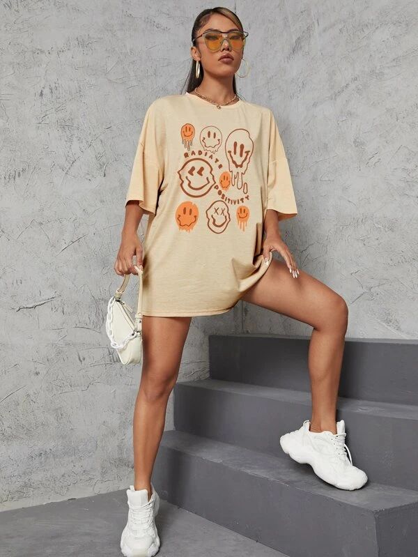 Letter & Expression Print Drop Shoulder Tee - leoleo123123