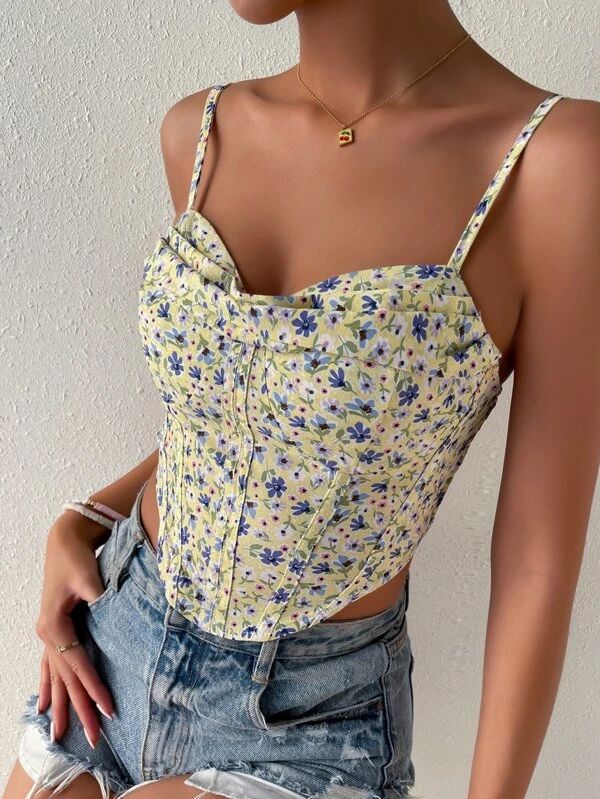 Ditsy Floral Draped Collar Curved Hem Cami Top - leoleo123123