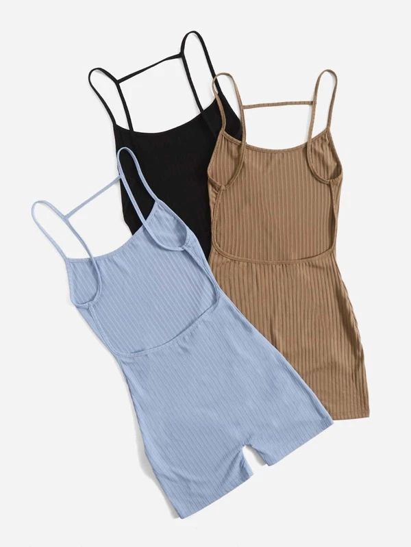 3pcs Solid Backless Cami Romper - leoleo123123