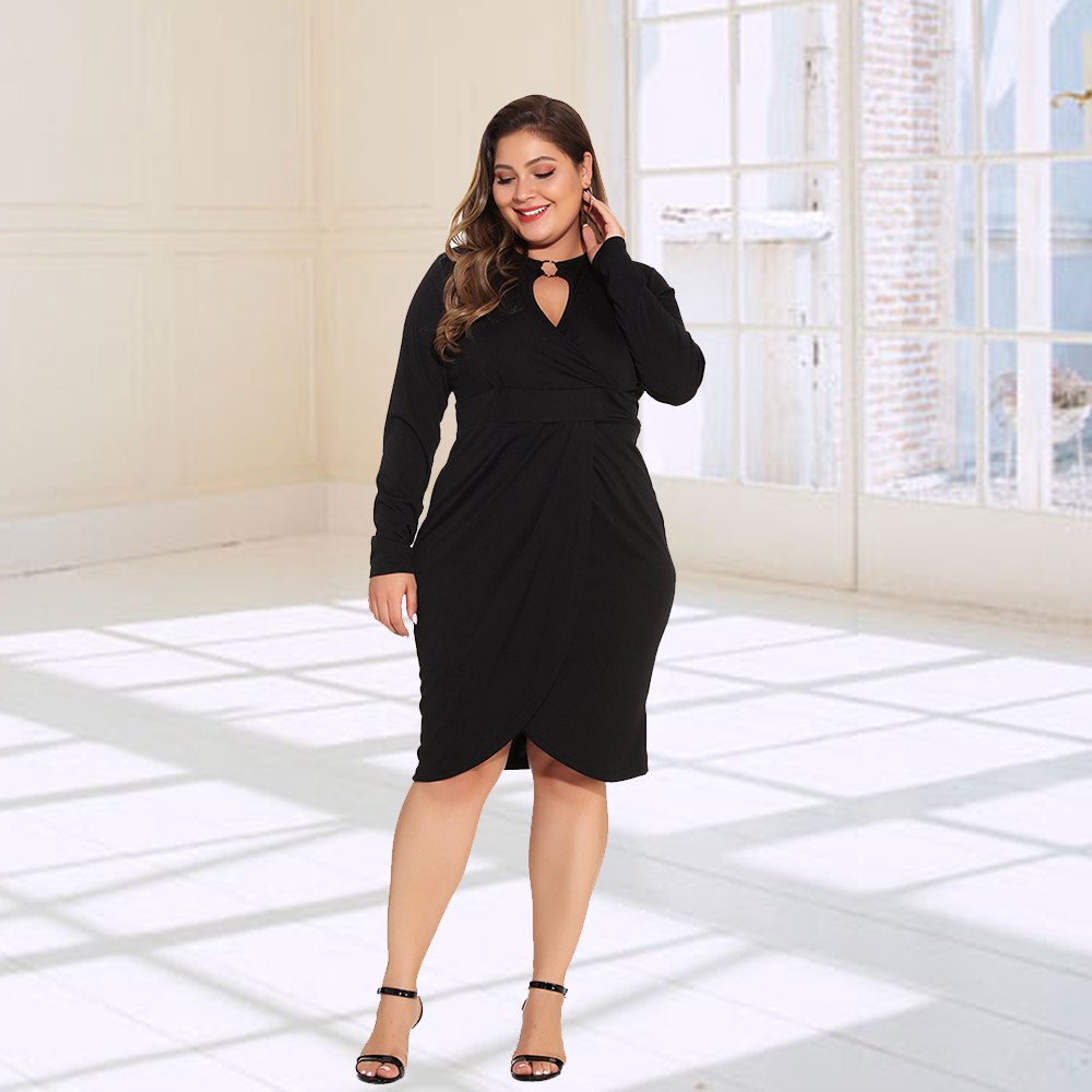 Women's fall and winter new sexy long-sleeved irregular pleated large size dresses - leoleo123123