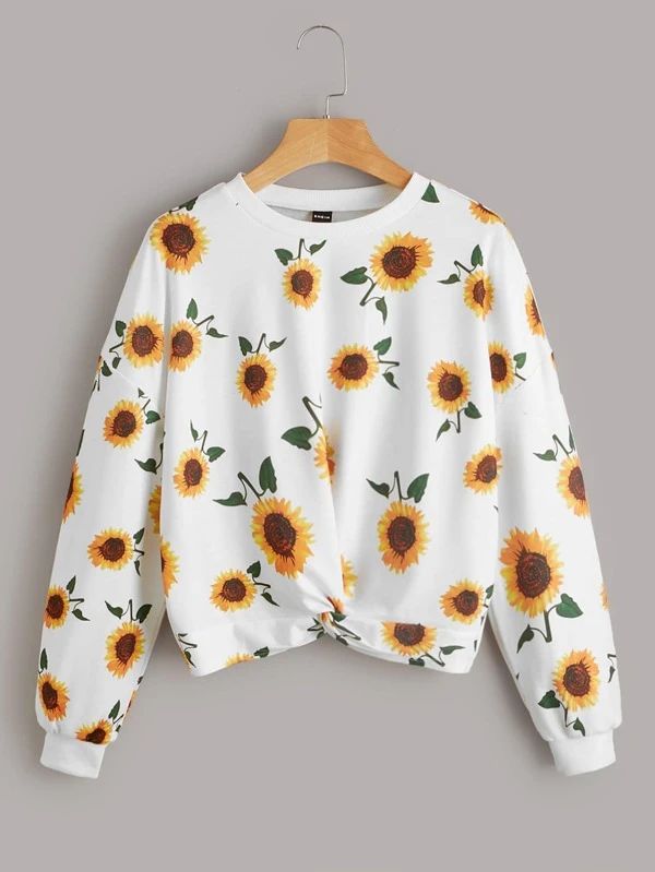 Allover Sunflower Print Twist Front Sweatshirt - leoleo123123