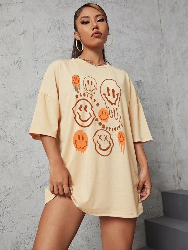 Letter & Expression Print Drop Shoulder Tee - leoleo123123
