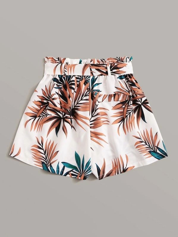 Tropical Leaf Print Paperbag Shorts - leoleo123123