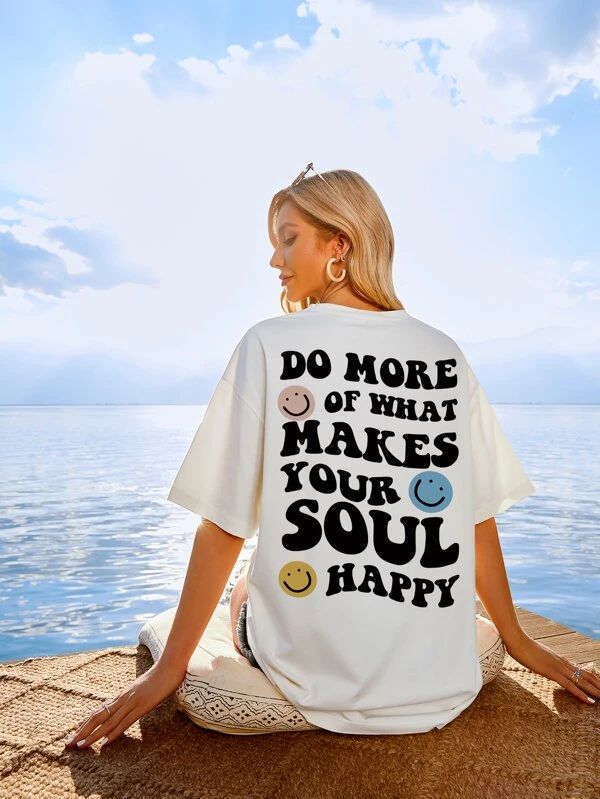Slogan & Cartoon Face Print Drop Shoulder Tee - leoleo123123