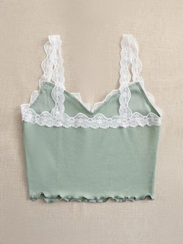 Contrast Lace Lettuce Trim Rib-knit Crop Cami Top - leoleo123123
