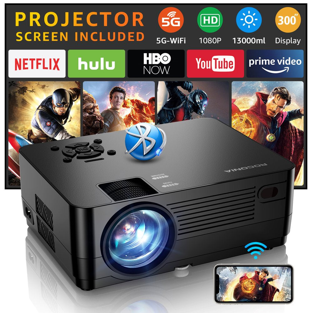 Roconia 5G Wifi Bluetooth Native 1080P Projector, 13000LM Full HD Movie Projector, 4K Home Theater,(Projector Screen Included) - leoleo123123