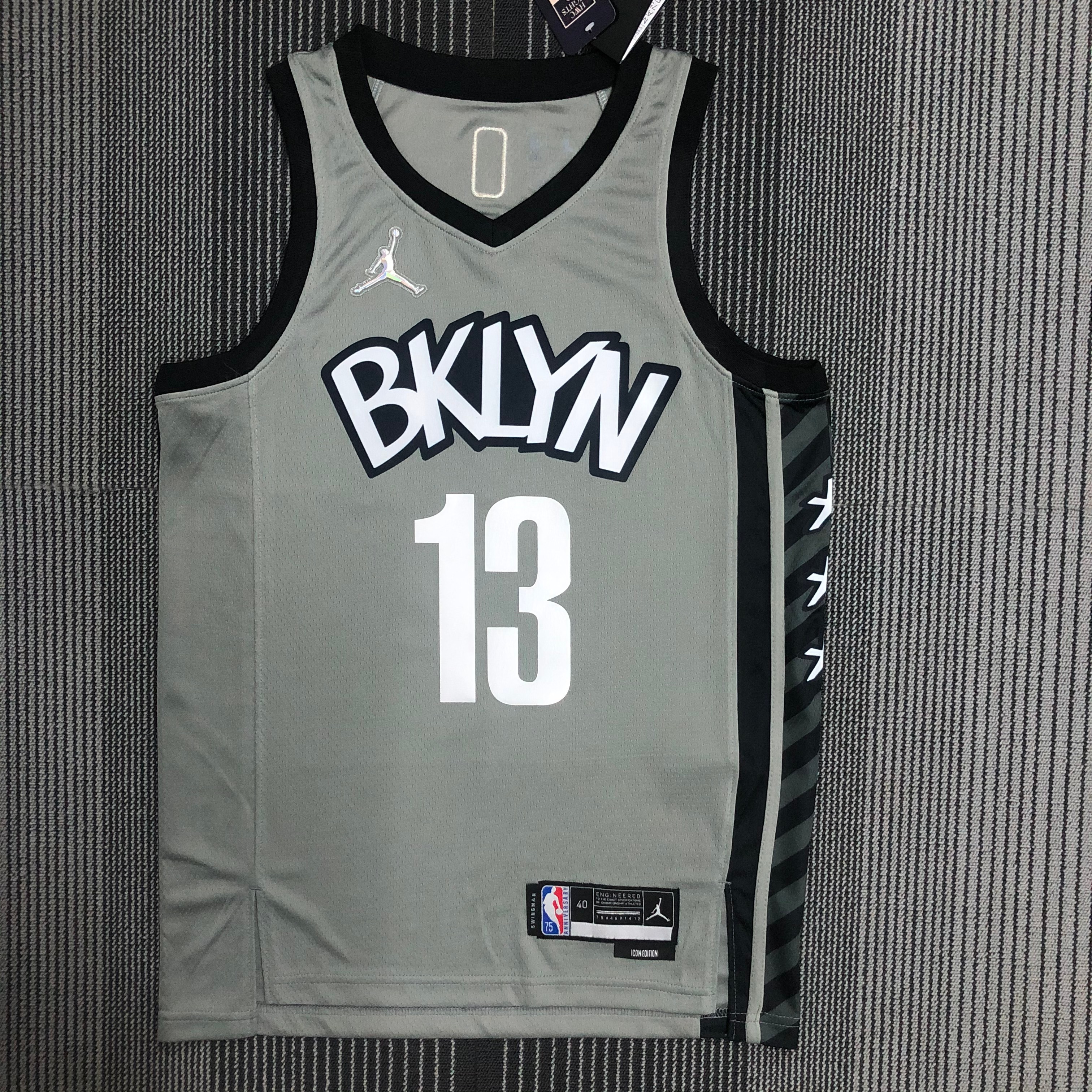 NBA Men 75th Anniversary Brooklyn Nets Grey with Jordan Logo #13 HARDEN Jersey High Quality Name and Number Print - leoleo123123