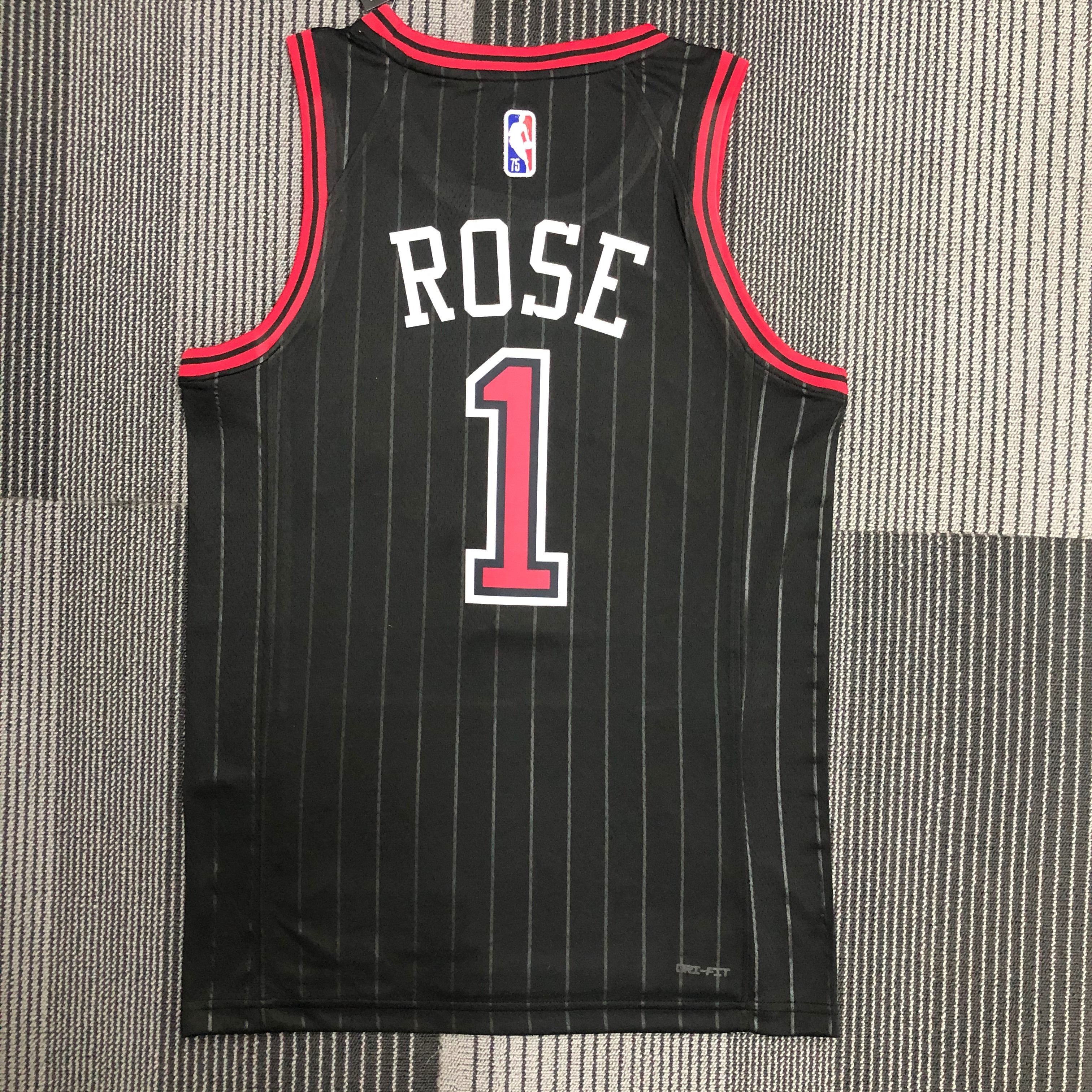 NBA Men 75th Anniversary Chicago Bulls Black with Jordan Logo #1 ROSE Jersey High Quality Name and Number Print - leoleo123123