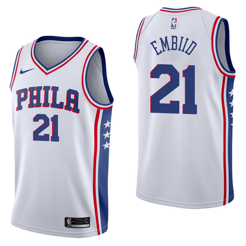 NBA Men Philadelphia 76ers White #21 EMBILD Jersey High Quality Name and Number Print - leoleo123123