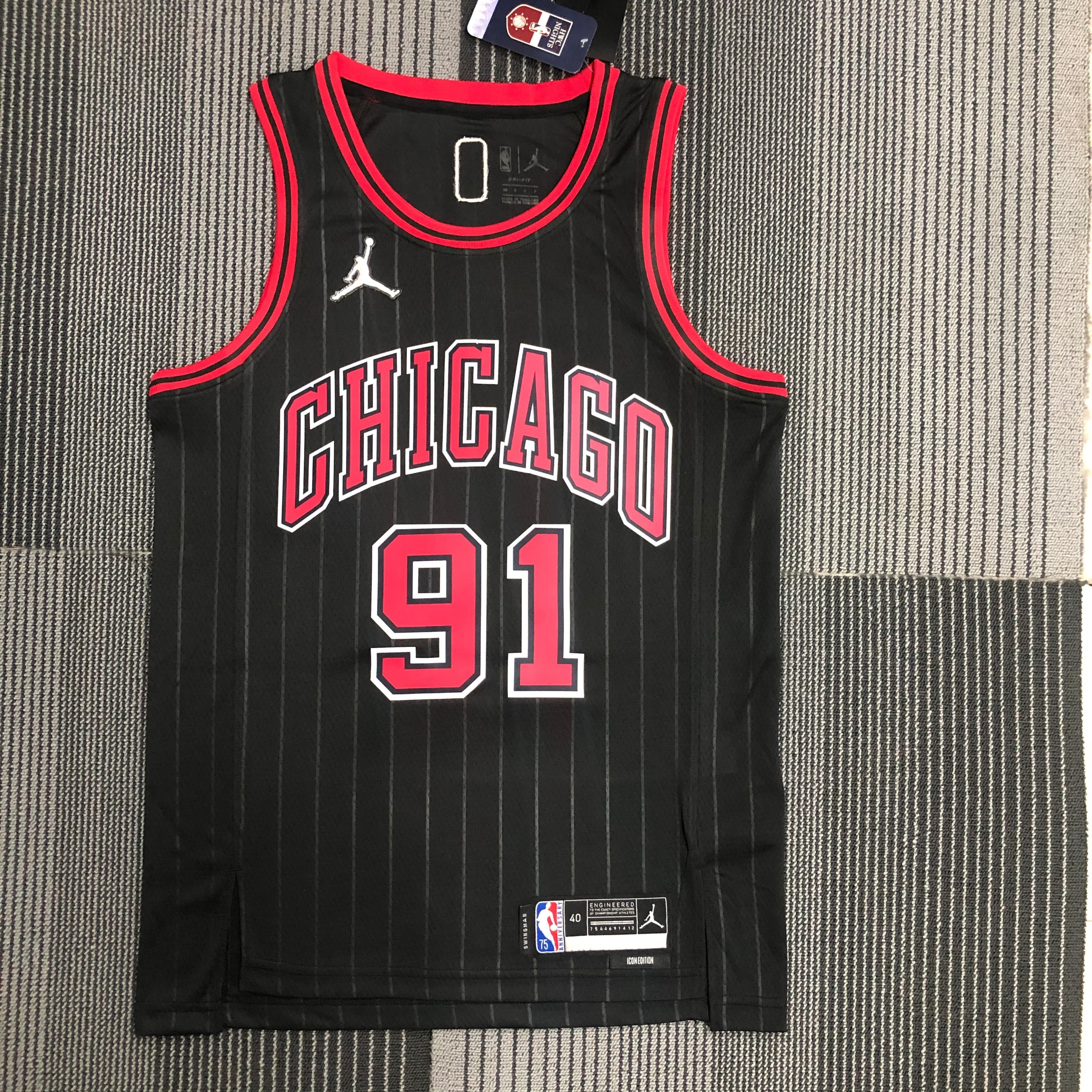 NBA Men 75th Anniversary Chicago Bulls Black with Jordan Logo #91 RODMAN Jersey High Quality Name and Number Print - leoleo123123