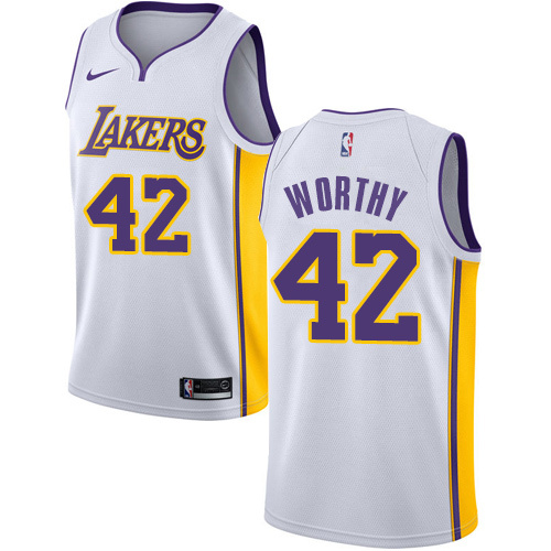 NBA Men Los Angeles Lakers #42 WORTHY White V-neck Jersey High Quality Name and Number Print - leoleo123123