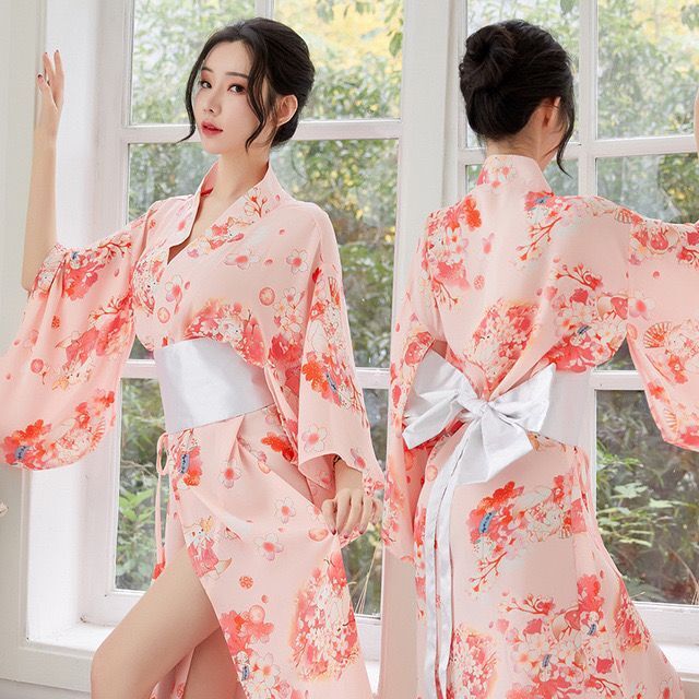 新品情趣内衣长款和服大码日系雪纺开襟低领透视诱惑性感制服套装 - leoleo123123