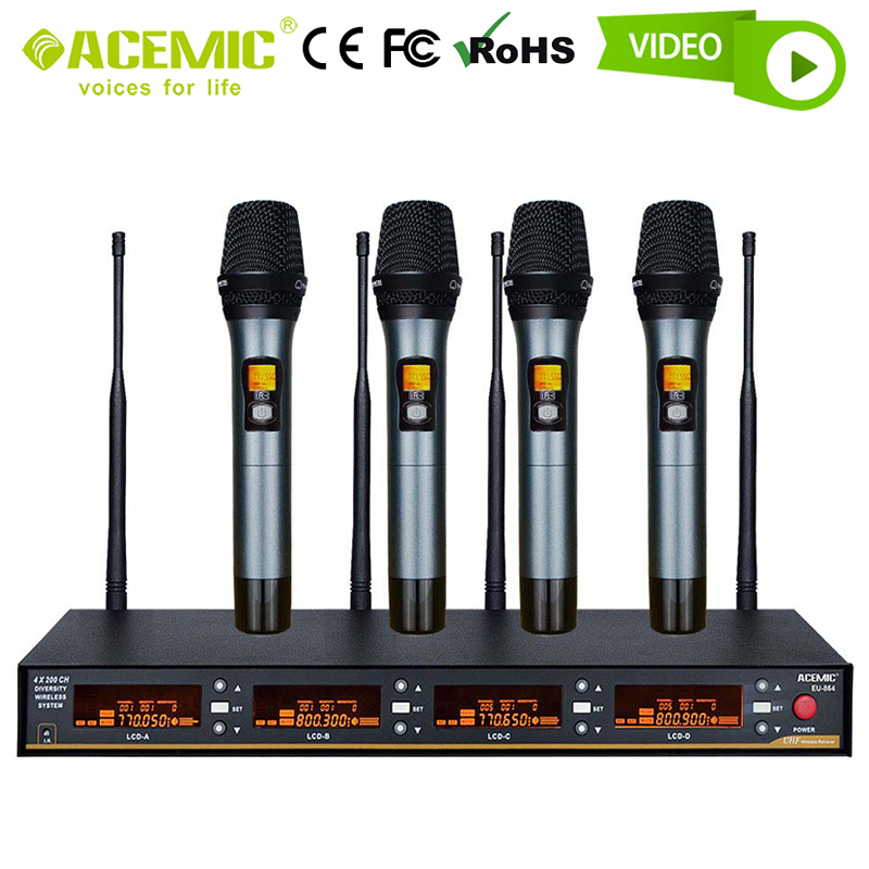 Wireless Microphone 4 Channel System Set UHF Professional Handheld Quad 4-CH Radio for Karaoke Church Singer Vocal Stage Perform - leoleo123123