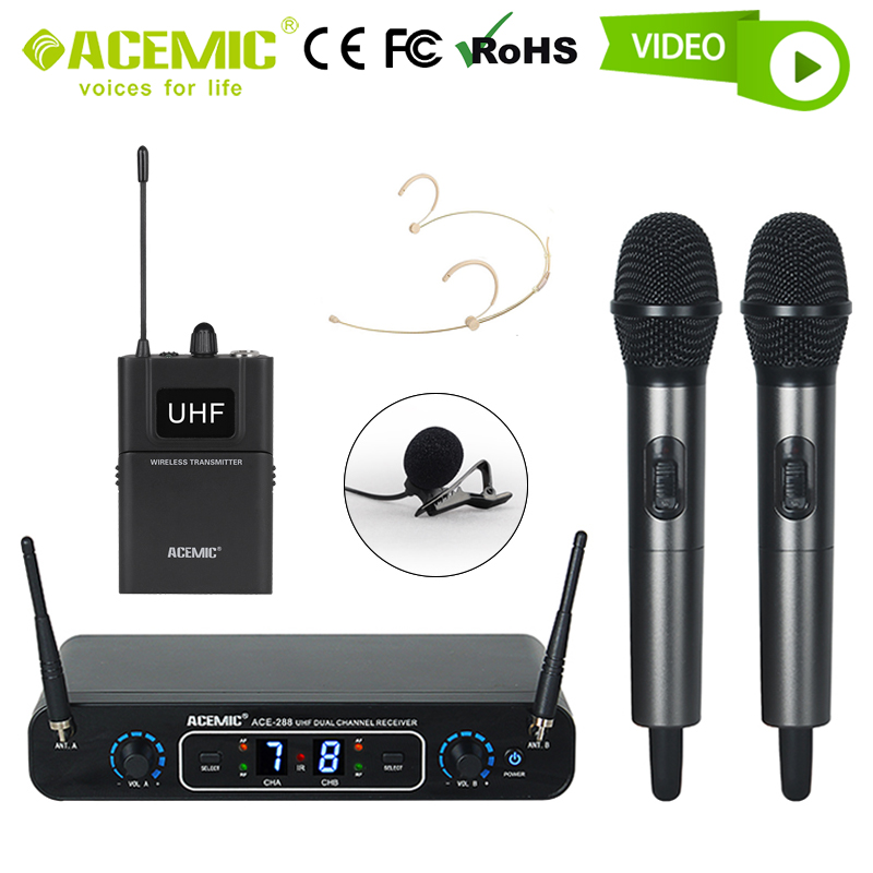 Wireless Microphone Dual Channel Professional Vocal Radio System UHF 2 Handheld Headset Lavalier for Singer Church Karaoke Club - leoleo123123