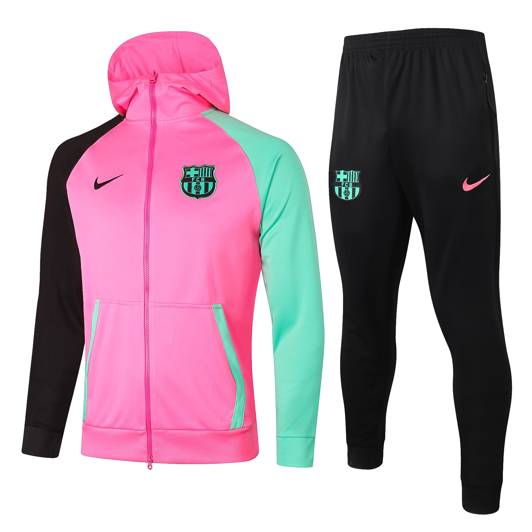 20-21 Barcelona Pink with Black & Green Sleeves Jacket Tracksuit Thai Quality - leoleo123123