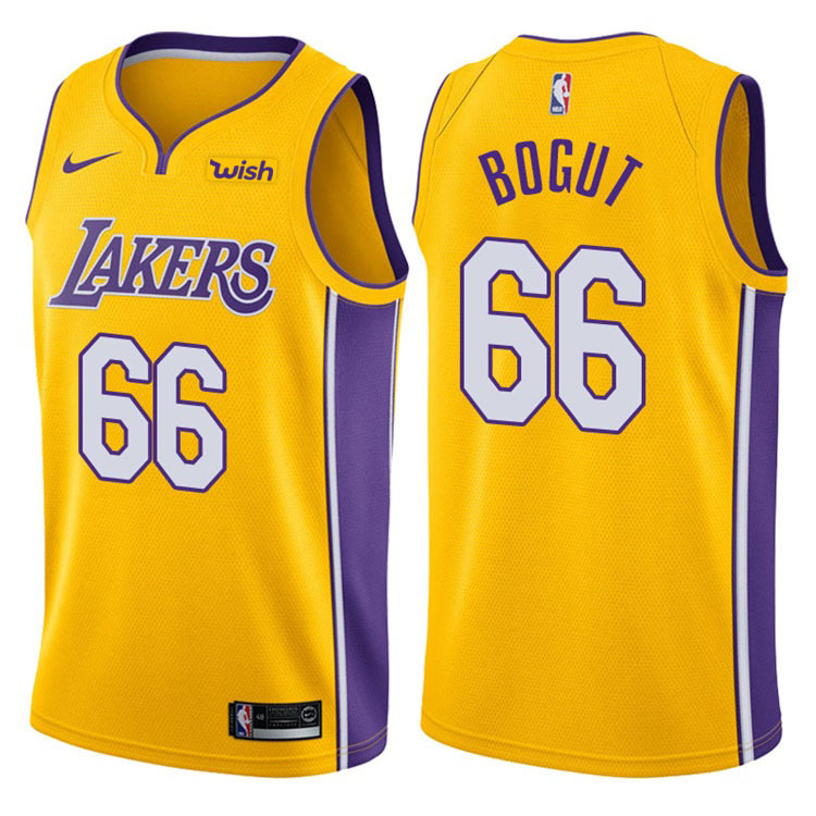 NBA Men Los Angeles Lakers #66 BOGUT Yellow V-neck Jersey High Quality Name and Number Print - leoleo123123