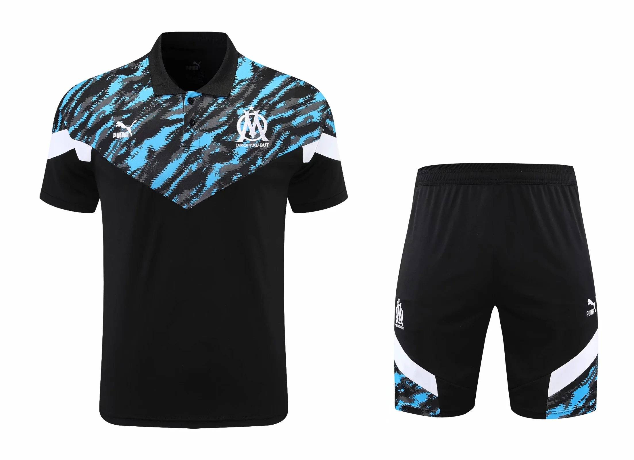 21-22 Marseille Black Polo Training Set--Short Sleeve and Short Pant Training Tracksuit - leoleo123123