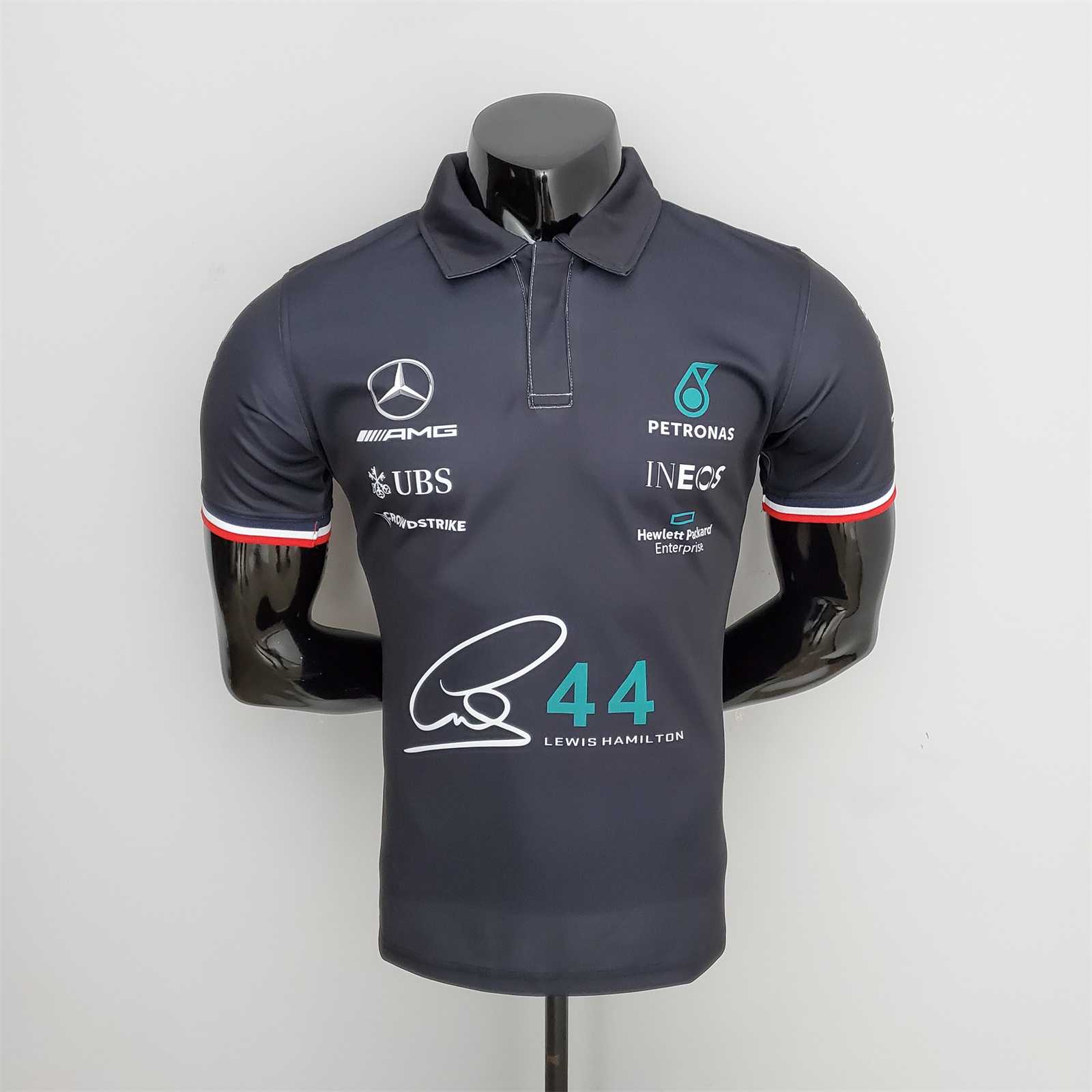 2022 Mercedes F1 Team POLO T-Shirt Black with number 44 - leoleo123123