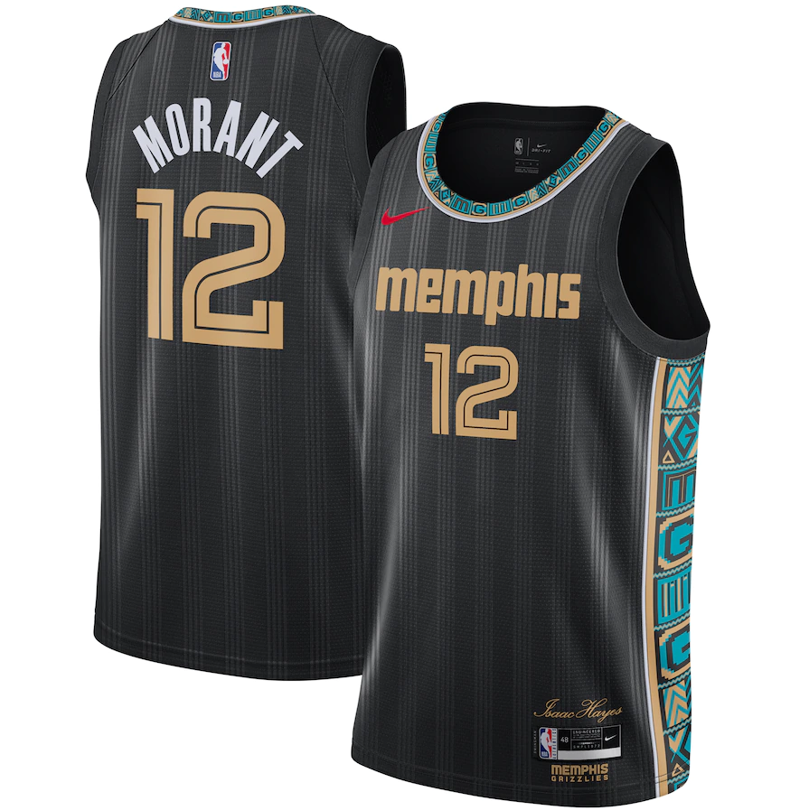 NBA Men Season 2021 Memphis Grizzlies Black City with White Lines #12 MORANT Jersey High Quality Name and Number Print - leoleo123123