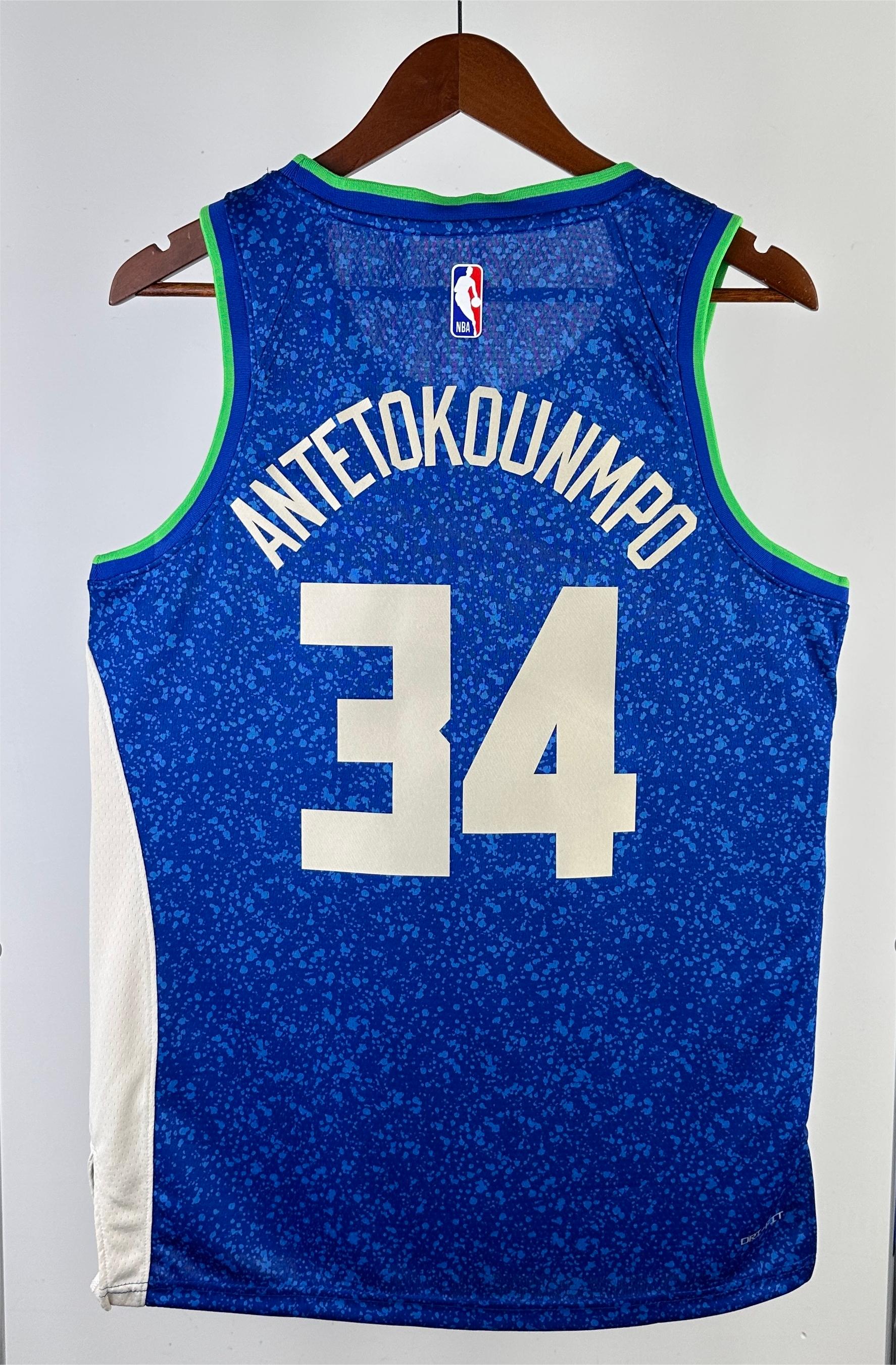 NBA Men 2023 Milwaukee Bucks Blue City Edition #34 ANTETOKOUNMPO Jersey High Quality Name and Number Print - leoleo123123