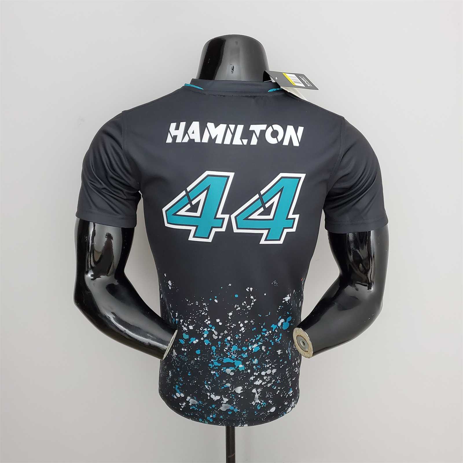 2022 Mercedes F1 Team POLO T-Shirt Black with number 44 - leoleo123123