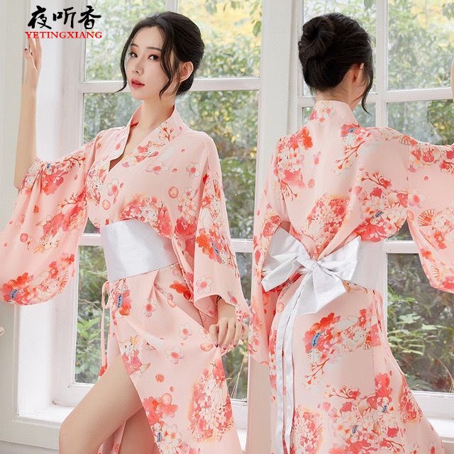 新品情趣内衣长款和服大码日系雪纺开襟低领透视诱惑性感制服套装 - leoleo123123