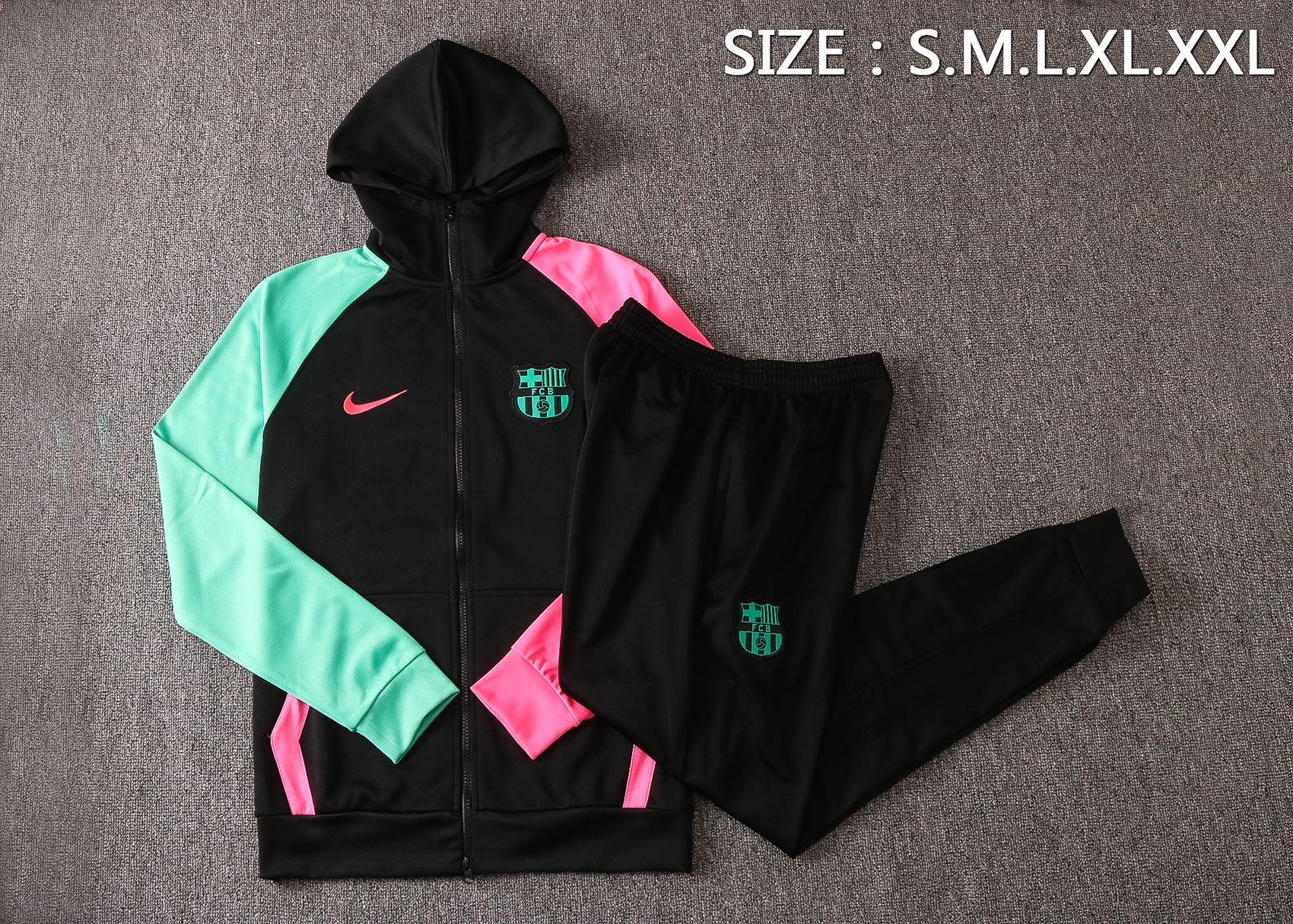 20-21 Barcelona Black with Pink & Green Sleeves Jacket Tracksuit Thai Quality - leoleo123123